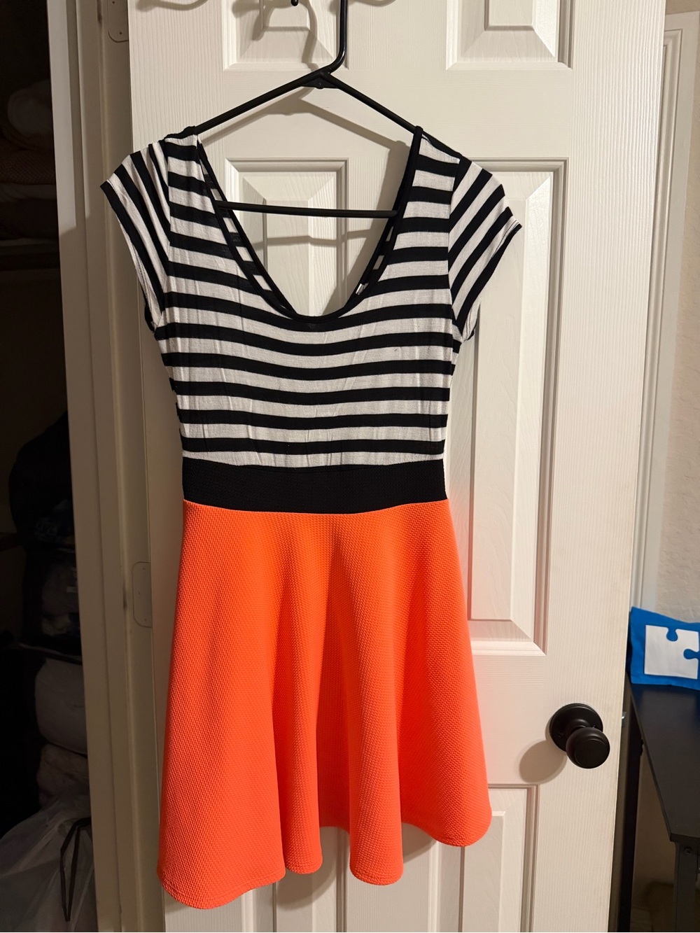 Striped Black & White Top with Bright Orange Skater Dress